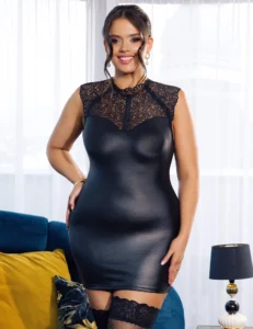 Comeondear Plus Size Women Dress Outfit Wetlook Cocktail Sleeveless Faux Leather Party Mini Club Latex Bodycon Babydoll Lingerie