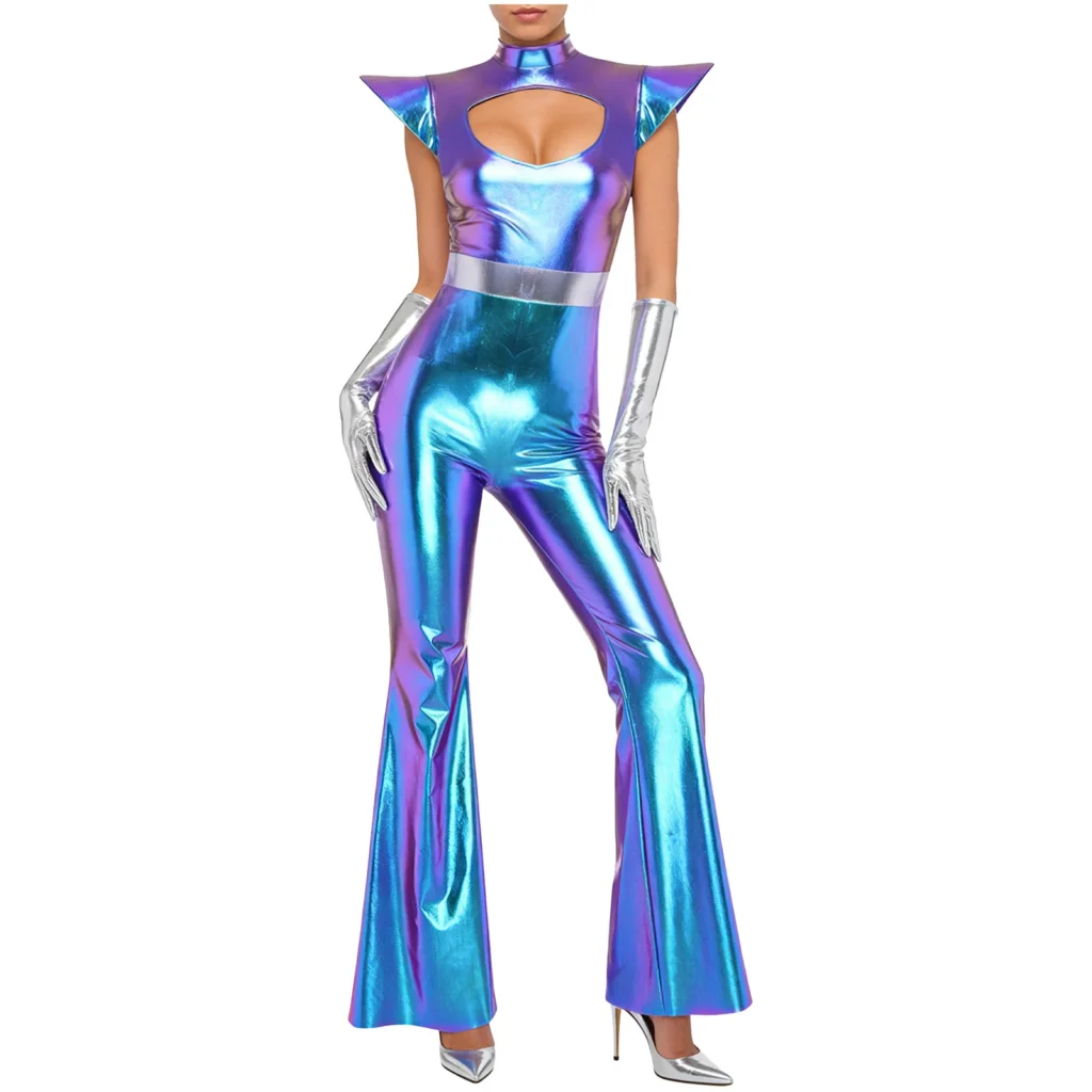 Womens Alien Cosplay Costume Metallic Shiny Disco Jazz Dance Flare Jumpsuit with Gloves Cutout Chest Bell Bottom Pants Bodysuit 3