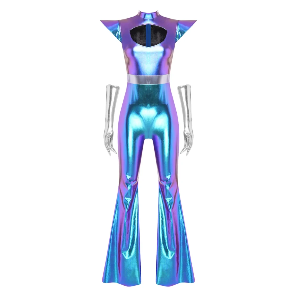 Womens Alien Cosplay Costume Metallic Shiny Disco Jazz Dance Flare Jumpsuit with Gloves Cutout Chest Bell Bottom Pants Bodysuit 4
