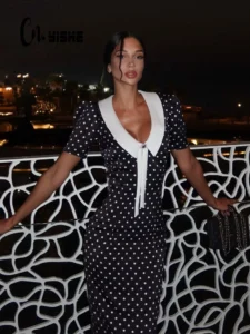 CNYISHE Dot Patchwork Hip Wrap Short Sleeve V Neck Elegant Women Dresses Sheath Fashion Sexy Club Bodycon Female Vestidos Robes