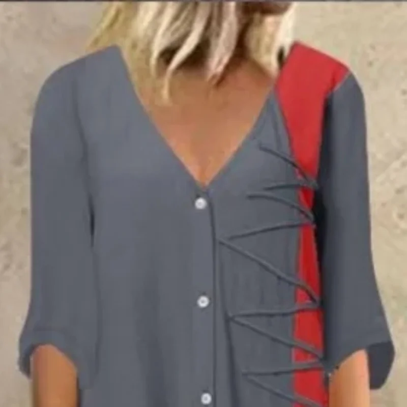 Women's Summer Color Block Patchwork Printed Dress V-neck Short Sleeved Fashion Dress Button Women's Casual Loose Long Dress 5