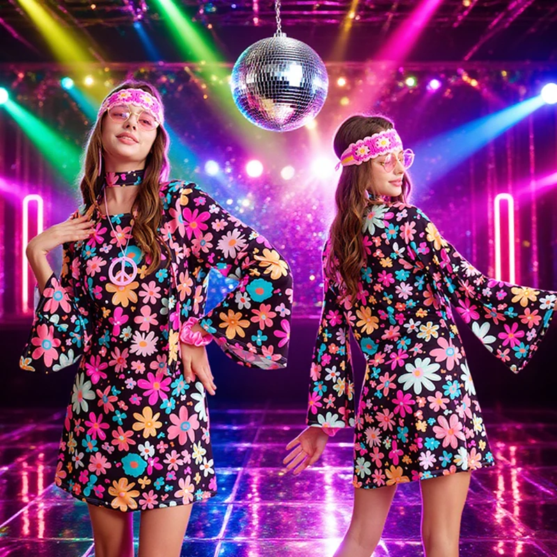 60s 70s Disco Dress 7 Piece Hippie Costume Women Printing Retro Style Clothes Accessories Jewelry Halloween Costumes 4