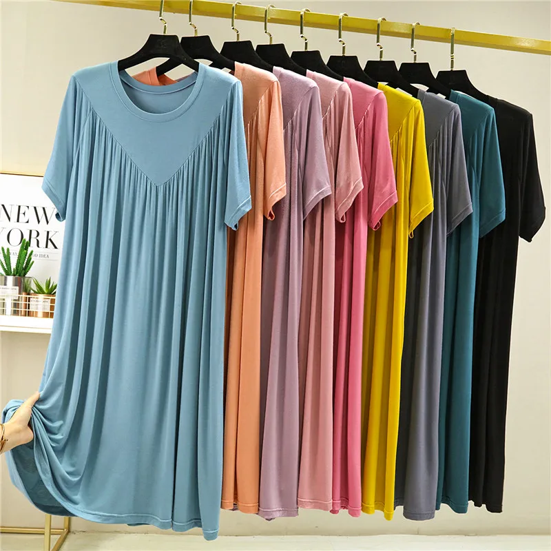 Loose plus Size Sp Dr Modal Women's Summer Thin Home Gown Skirt Sle round Ne ort Sve Long Dr Korean Sle 2