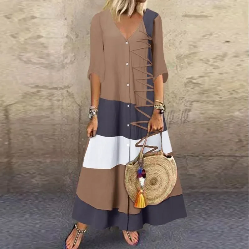 Women's Summer Color Block Patchwork Printed Dress V-neck Short Sleeved Fashion Dress Button Women's Casual Loose Long Dress 2