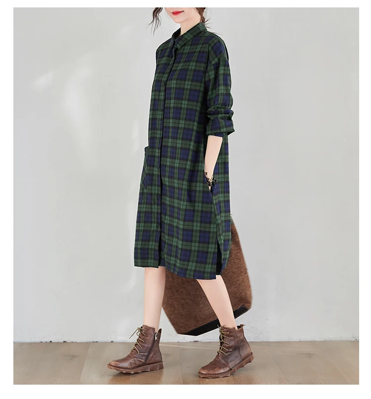 Spring Faion plus Size Women's Plaid irt Dr Korean Sle Long Sve Midi Dr Sli Agel Commute Friendly 6
