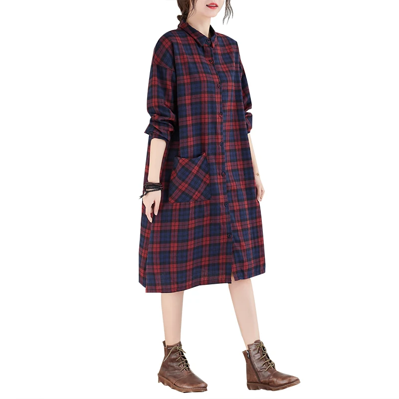 Spring Faion plus Size Women's Plaid irt Dr Korean Sle Long Sve Midi Dr Sli Agel Commute Friendly 5
