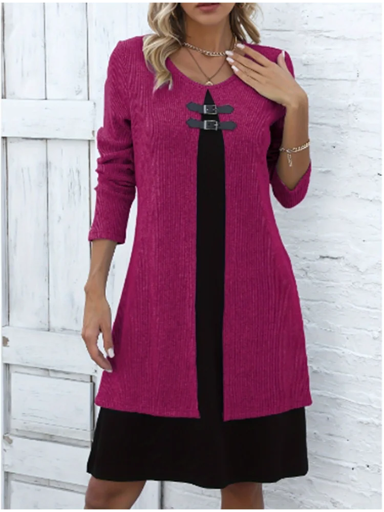 Women's One Piece Color Blocked Round Neck Dress Lady Long Sleeved  Button Up Dress Autumn Casual Elegant Dress 1