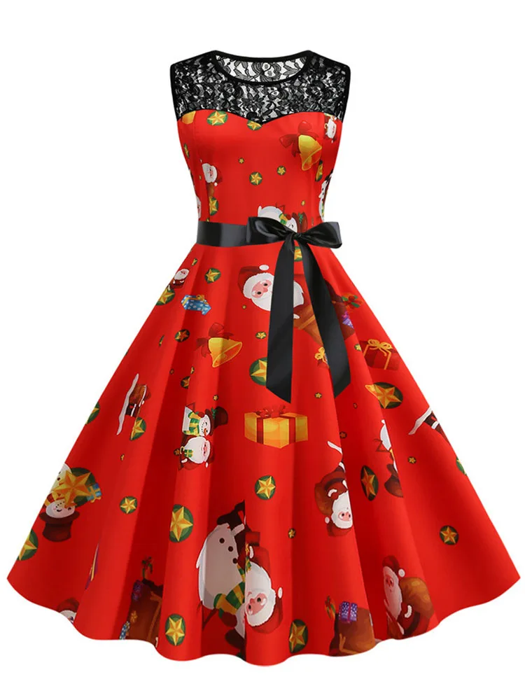Elegant Vintage Women Christmas Dress Print Lace Patchwork Sleeveless O Neck High Waist Casual Party Costume Sundress 5