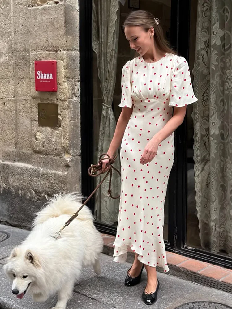 Huhugirl Dot Printing Long Dresses Elegant Half Sleeves O-Neck Casual Chic French Sweet Street Style For Women Summer Slim Soft 2