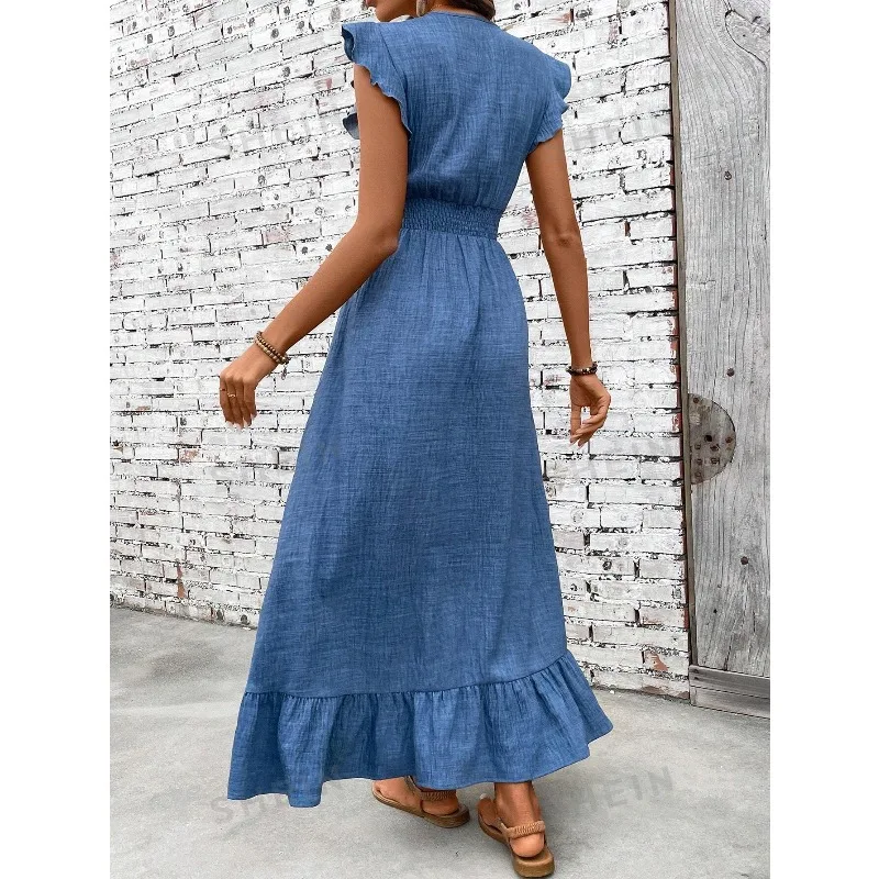 Women Maxi Dress 2026 New V Neck Denim Blue Long Dress Casual Loose Ruffle Hem Sundress for Summer Beach Vacation Daily Wear 6