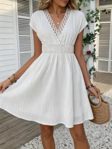 French Lace V-neck Fitted Dress with Waistline and Short Puff Sleeves. Striped Texture Short Skirt with Vertical Lines. Beach-st