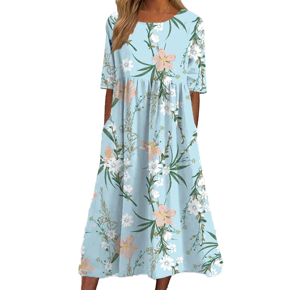 2026Summer New Arrival Women's Casual Crew Neck Pocket Short Sleeve Printed Dress 4