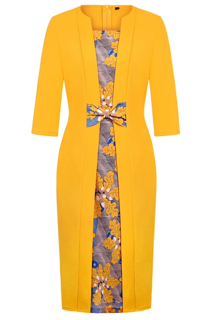 Womens Elegant Floral Patchwork Bow Tie 2/3 Sleeve Work Office Knee Length Business Casual Party Bodycon Sheath Dress 2