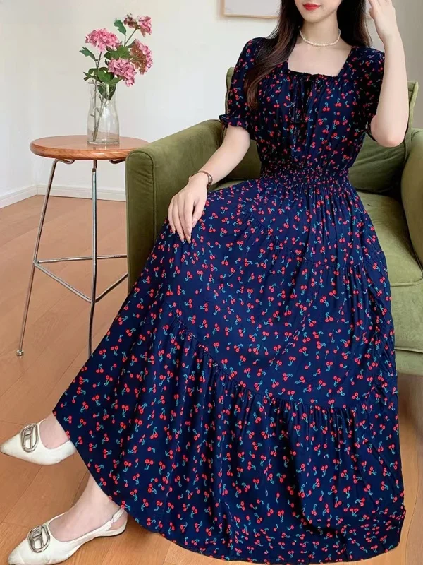 Summer New Cotton Silk Floral Print Maxi Dr ort Sve Beachwear High Waist Young Women's Large Skirt Swing Dr 4