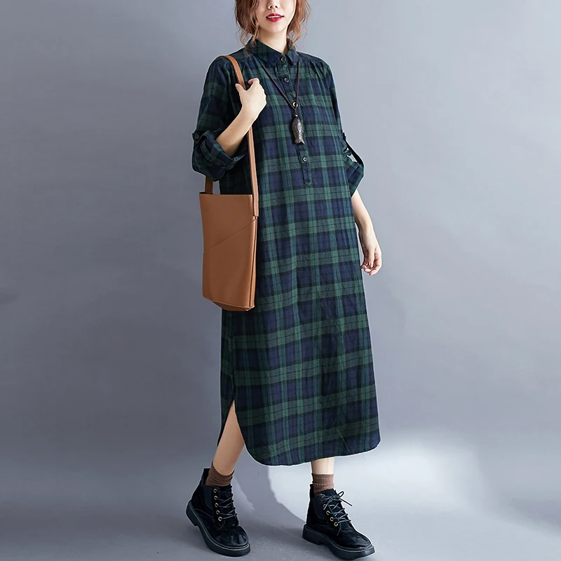 plus Size Women's irt Dr Mid-Length Loose Fit Slimming Plaid Sle Autumn Faionable Split Hem  Collar Long Sve 4