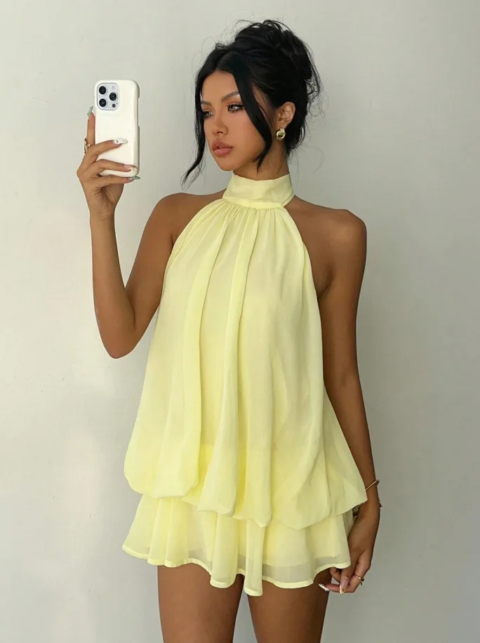 Women's Vacation Slim Fit Fashion Sexy Backless Halter Tie Waist Versatile Solid Color Dress, Stylish and Comfortable Summer 1
