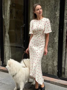 Huhugirl Dot Printing Long Dresses Elegant Half Sleeves O-Neck Casual Chic French Sweet Street Style For Women Summer Slim Soft