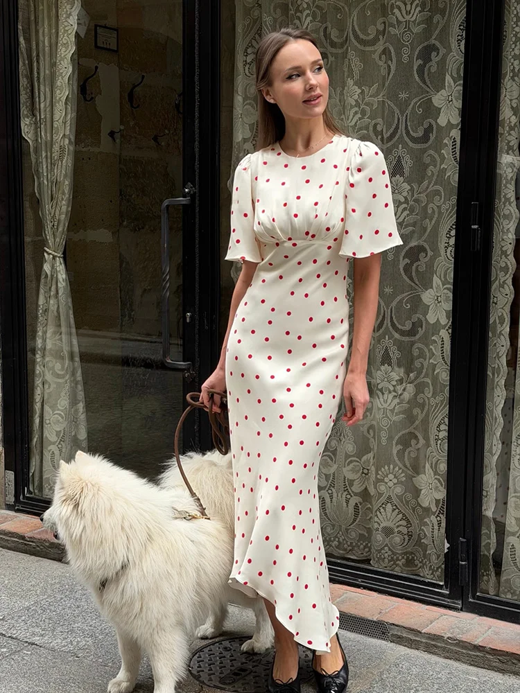 Huhugirl Dot Printing Long Dresses Elegant Half Sleeves O-Neck Casual Chic French Sweet Street Style For Women Summer Slim Soft 1