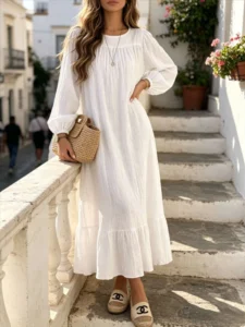 Women’s Spring-Summer Textured Long Sleeve Maxi Dress Round Neck, Ruffle Hem, Loose Fit, Casual Boho Style, Vacation Beach Wear