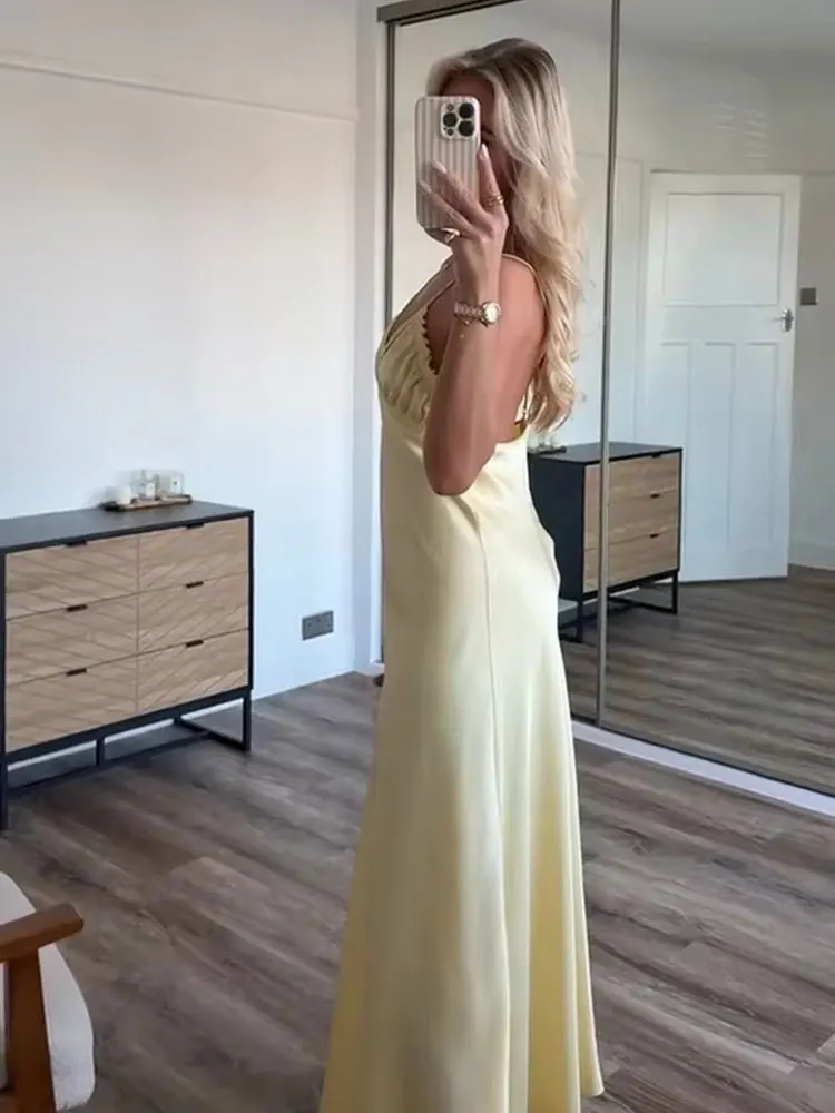 HH Women Backless Yellow Dresses Sleeveless V neck New fashion Elegant Satin Summer Dress Date Night Beach Dress For Women 6
