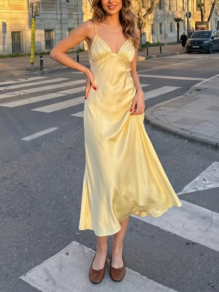 HH Women Backless Yellow Dresses Sleeveless V neck New fashion Elegant Satin Summer Dress Date Night Beach Dress For Women 1