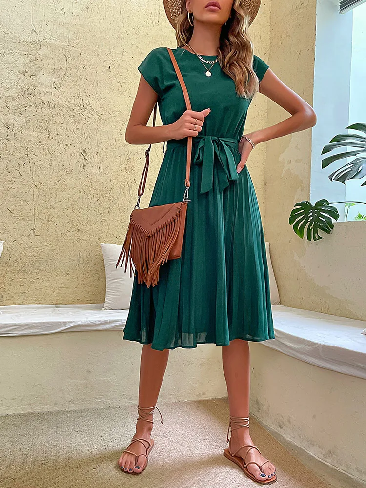Elegant Women Summer Casual Beach Sundress Short Sleeve Pleated Midi Dress Soild Colour O Neck Tunic Dresses Fashion 3