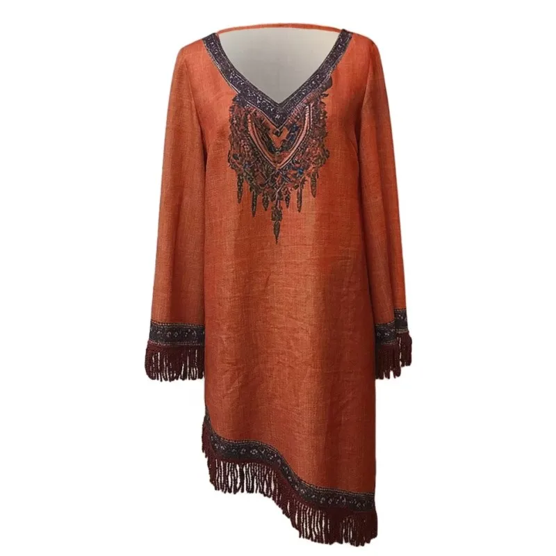 Fashion V Neck Long Sleeve Bohemian Dresses Vintage Pattern Printed Loose Short Dress New Spring Tassel Patchwork Women's Dress 6