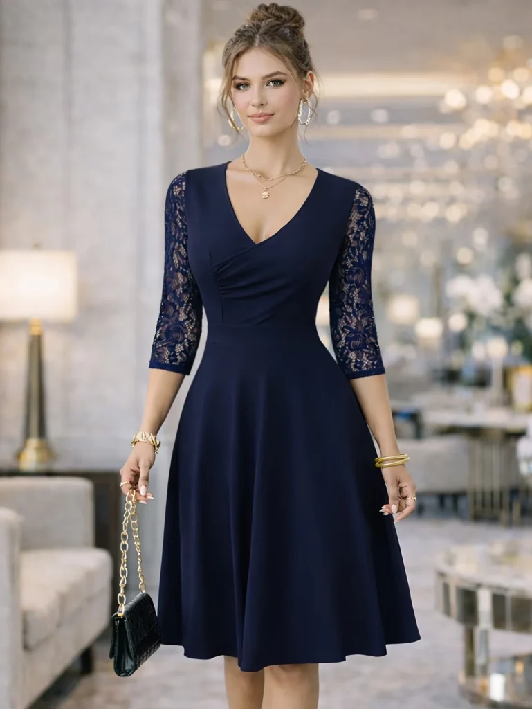 Women Elegant Autumn V-Neck Three-quarter Sleeve Cocktail Party Solid Knee Length Swing A-Line Party Dresses 3