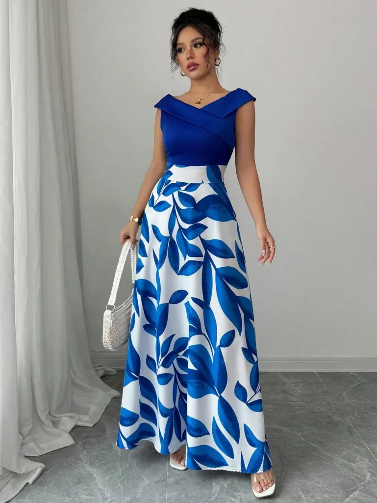 Women's Blue White Floral Maxi Dress Asymmetric Neckline Color Block Design Ideal for Evening Events Garden Parties Elegant Styl 3