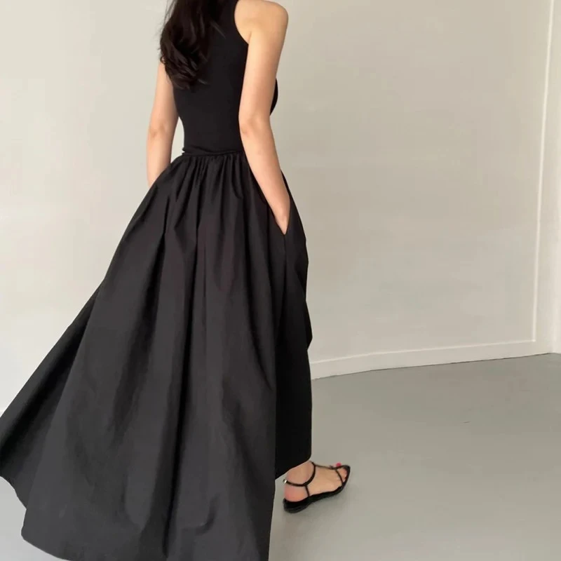 New Summer Simple Elegant Black Long Dresses For Women Round Neck Sleeveless High Waist Temperament Female Fashion Style Dress 6