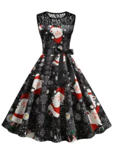 Elegant Vintage Women Christmas Dress Print Lace Patchwork Sleeveless O Neck High Waist Casual Party Costume Sundress