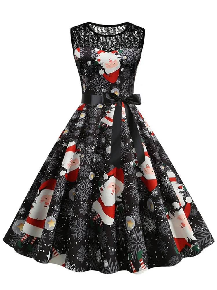 Elegant Vintage Women Christmas Dress Print Lace Patchwork Sleeveless O Neck High Waist Casual Party Costume Sundress 1