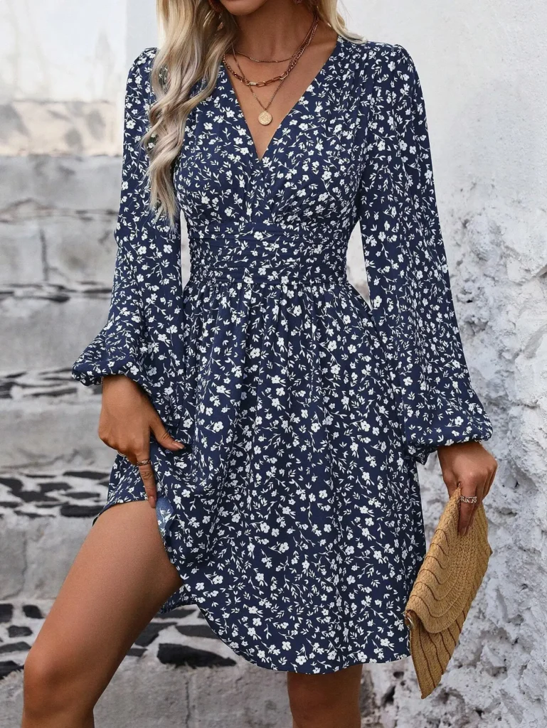 Dresses 2025 Woman Clothing V Neck Lantern Sleeve Wrap Mini Dress Ruched Waist Flowy Hem Elegant for Autumn and Party Styles ﻿ 4