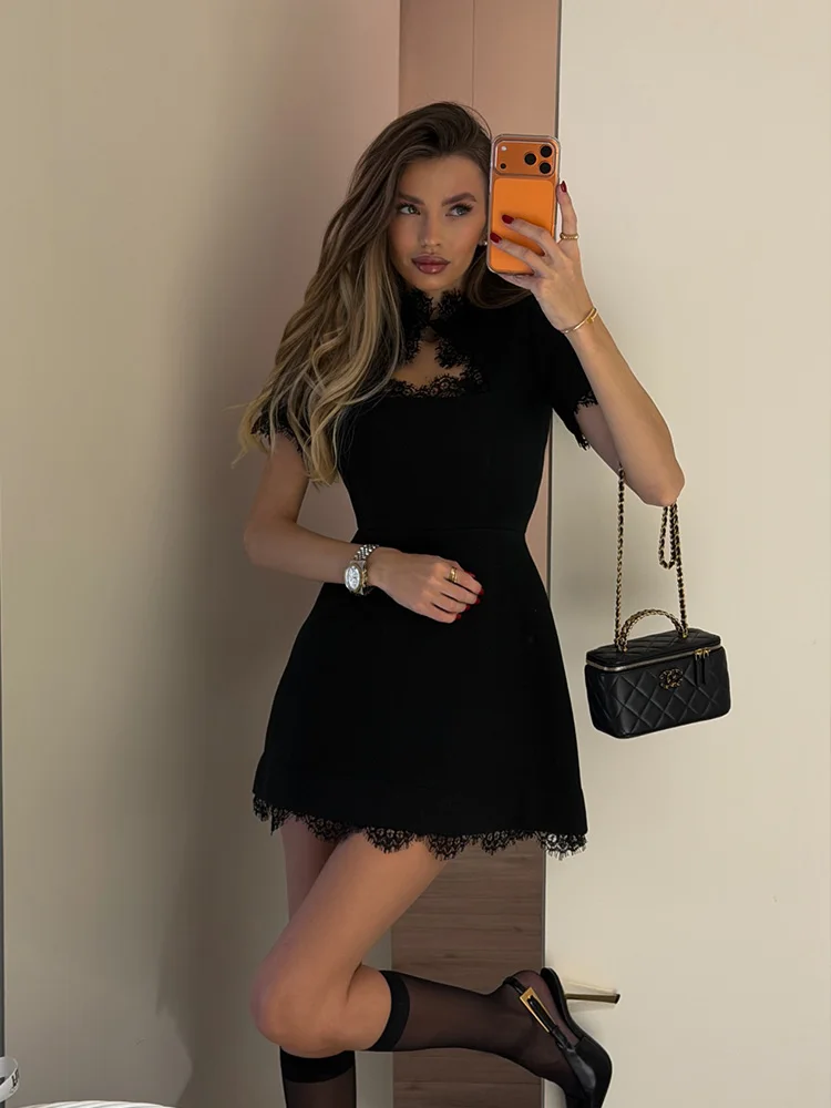Ahagaga Sexy Women's Mini Dresses Patchwork Short Sleeves Lace Hollow Out Slim Fit Trend Baisc Turtleneck Streetwear Female Robe 4