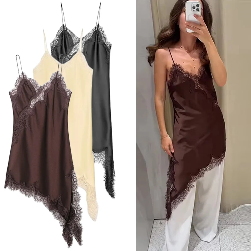 Satin Sexy Lace Spliced Short Sling Dress Women Sleeveless Backless Asymmetric Sexy Party Dresses 2026 Summer Lady Dress ﻿ 1