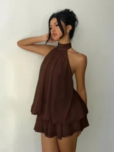 Women Halter Neck Backless Tie Mini Dress Summer Sleeveless Chiffon Ruffle Short Dresses Sexy Club Party Beach Vacation Outfit