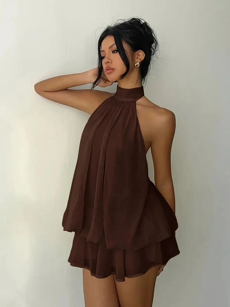 Women Halter Neck Backless Tie Mini Dress Summer Sleeveless Chiffon Ruffle Short Dresses Sexy Club Party Beach Vacation Outfit 1