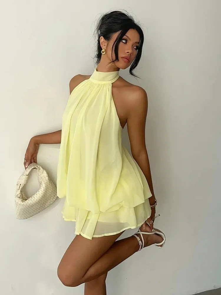 Women Halter Neck Backless Tie Mini Dress Summer Sleeveless Chiffon Ruffle Short Dresses Sexy Club Party Beach Vacation Outfit 6