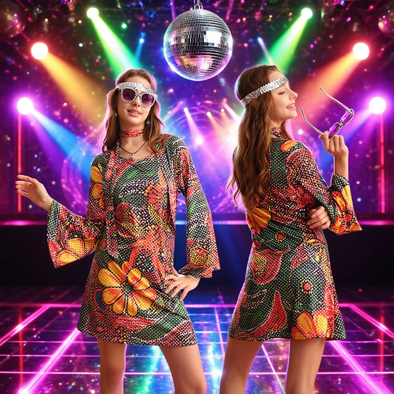 60s 70s Disco Dress 7 Piece Hippie Costume Women Printing Retro Style Clothes Accessories Jewelry Halloween Costumes 3