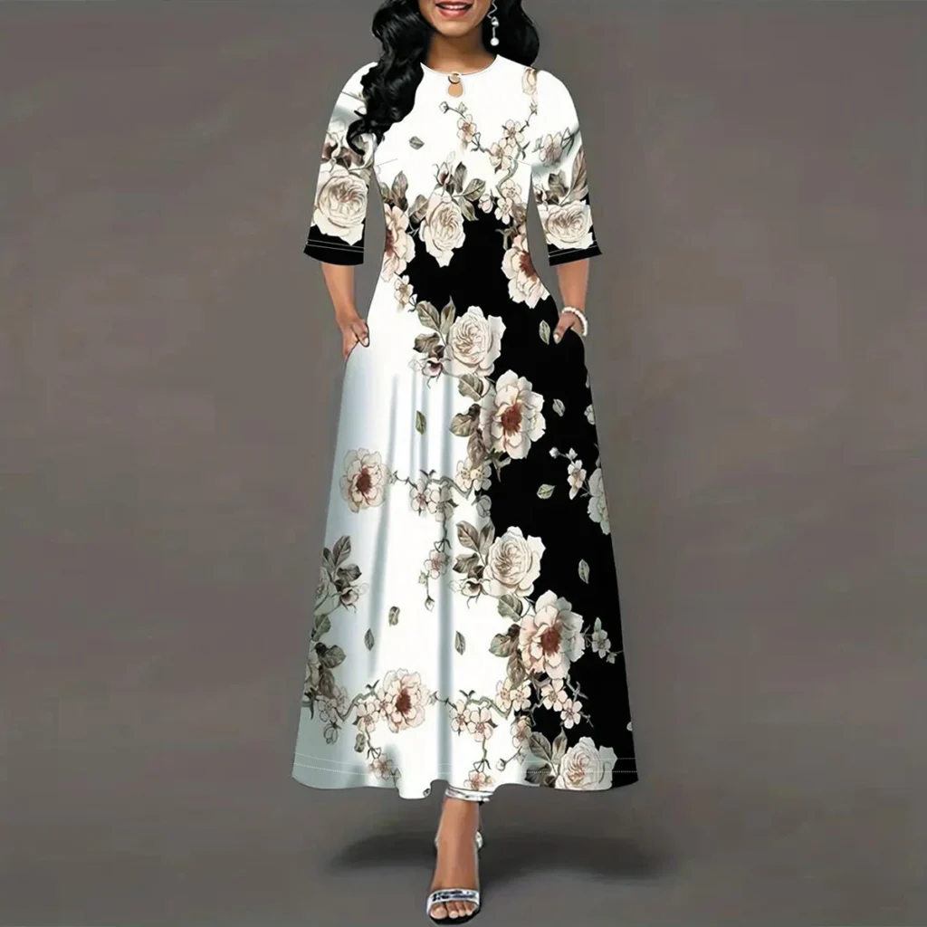 Women's Casual Dress, Plus Size  Print Half Sleeve Round Neck Maxi Dress With Pockets 3