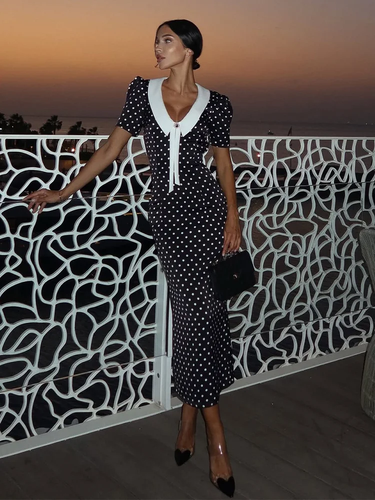CNYISHE Dot Patchwork Hip Wrap Short Sleeve V Neck Elegant Women Dresses Sheath Fashion Sexy Club Bodycon Female Vestidos Robes 2