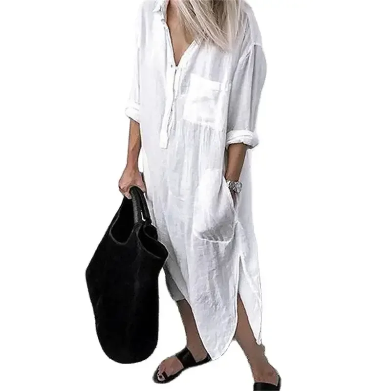 Women Elegant Cotton Linen Solid Color Dresses Summer Comfortable Female Casual Commuter Dress Multi-pocket Split Hem Loose Gown 1