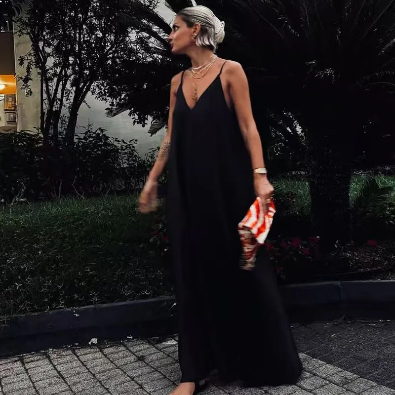HXAO 2025 Women's Slip Dress Summer Green Red Black Dress Casual V-Neck Backless Long Dresses Sleeveless Vestidos Resort Dresses 4
