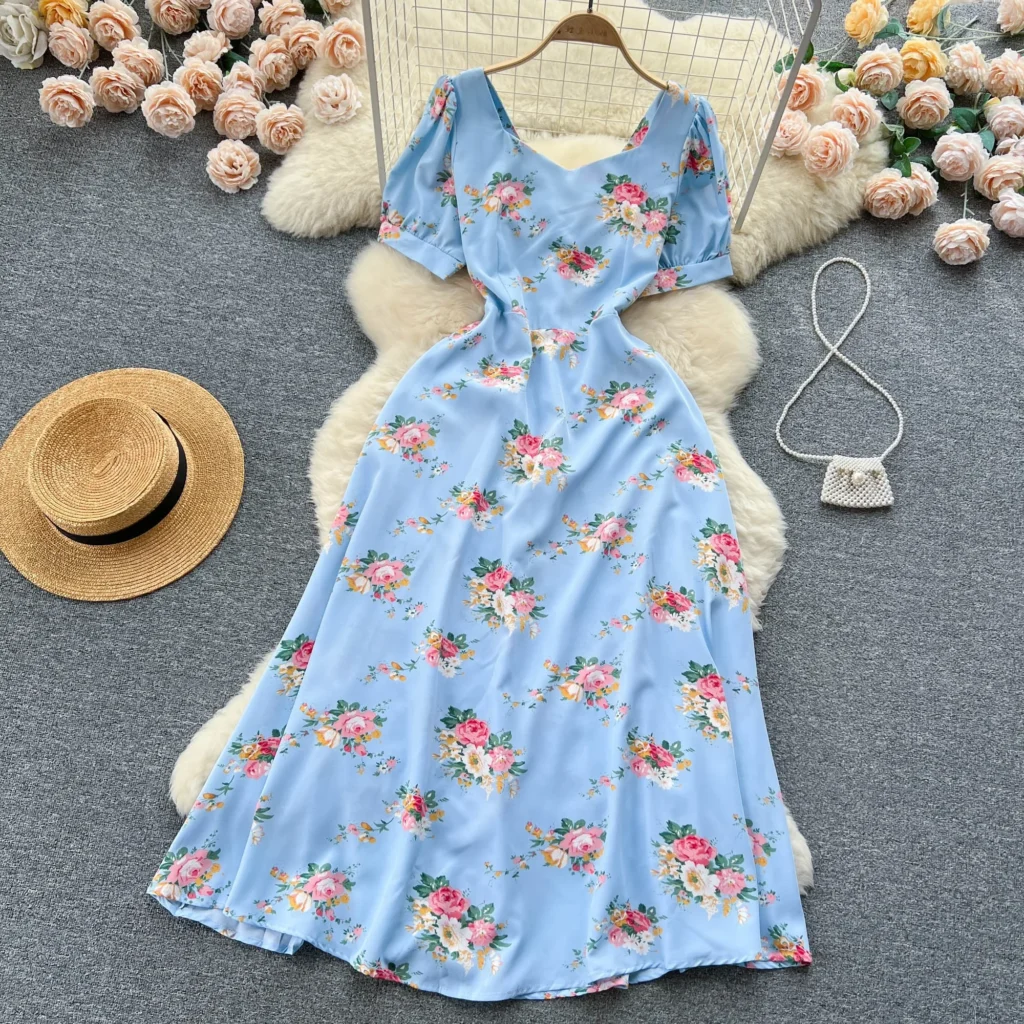 Sweet Style Square Collar Short-sleeve Print Contrast Color High Waist A-line Women's Dress 2024 Summer New Dresses 2