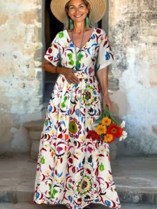 Bohemian Maxi Dress for Women Floral Print V Neck Short Sleeve Loose Waist Swing Long Summer Casual Dress