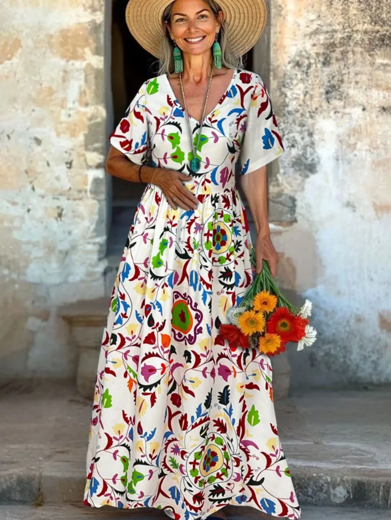 Bohemian Maxi Dress for Women Floral Print V Neck Short Sleeve Loose Waist Swing Long Summer Casual Dress 1