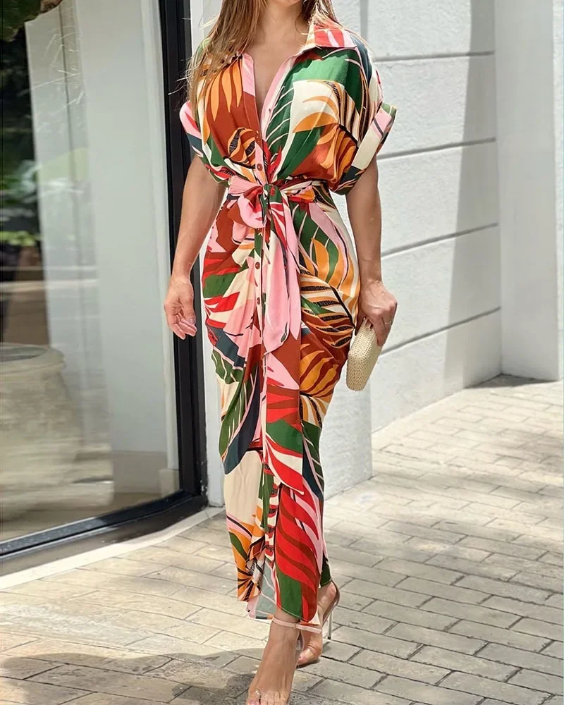 Women's Summer Casual Short Sleeved Printed Flip Collar Dress, Casual Elegant Button Up Women's Belt Dress 2