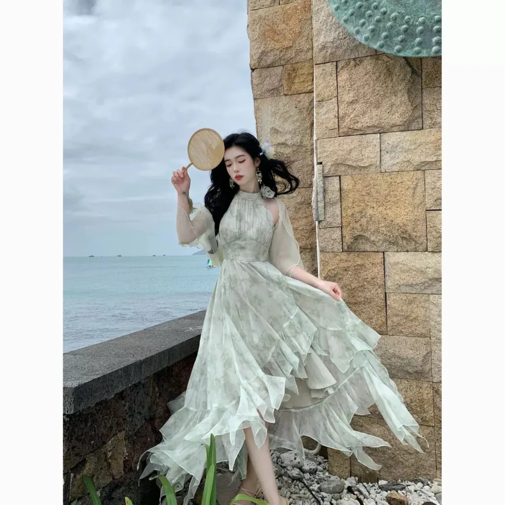 Beachside Fairylike Off-Shoulder Dress Irregular Hem Blue Floral Print Vacation Atmosphere High Waist Gauze Skirt Women's Fas... 6
