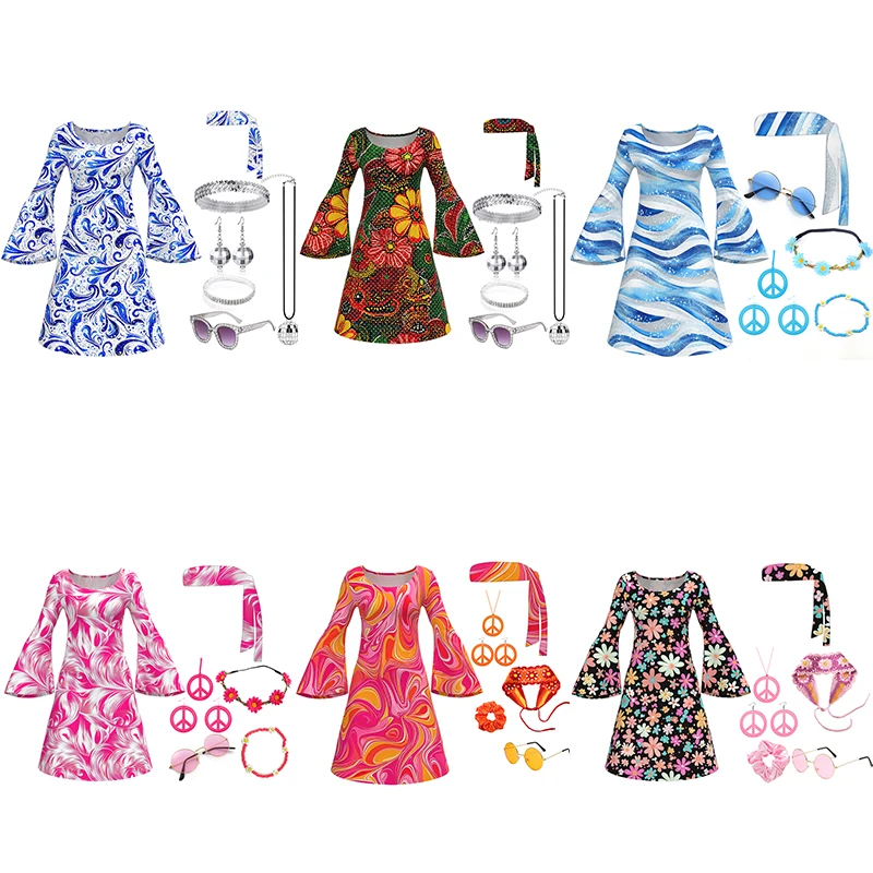 60s 70s Disco Dress 7 Piece Hippie Costume Women Printing Retro Style Clothes Accessories Jewelry Halloween Costumes 1