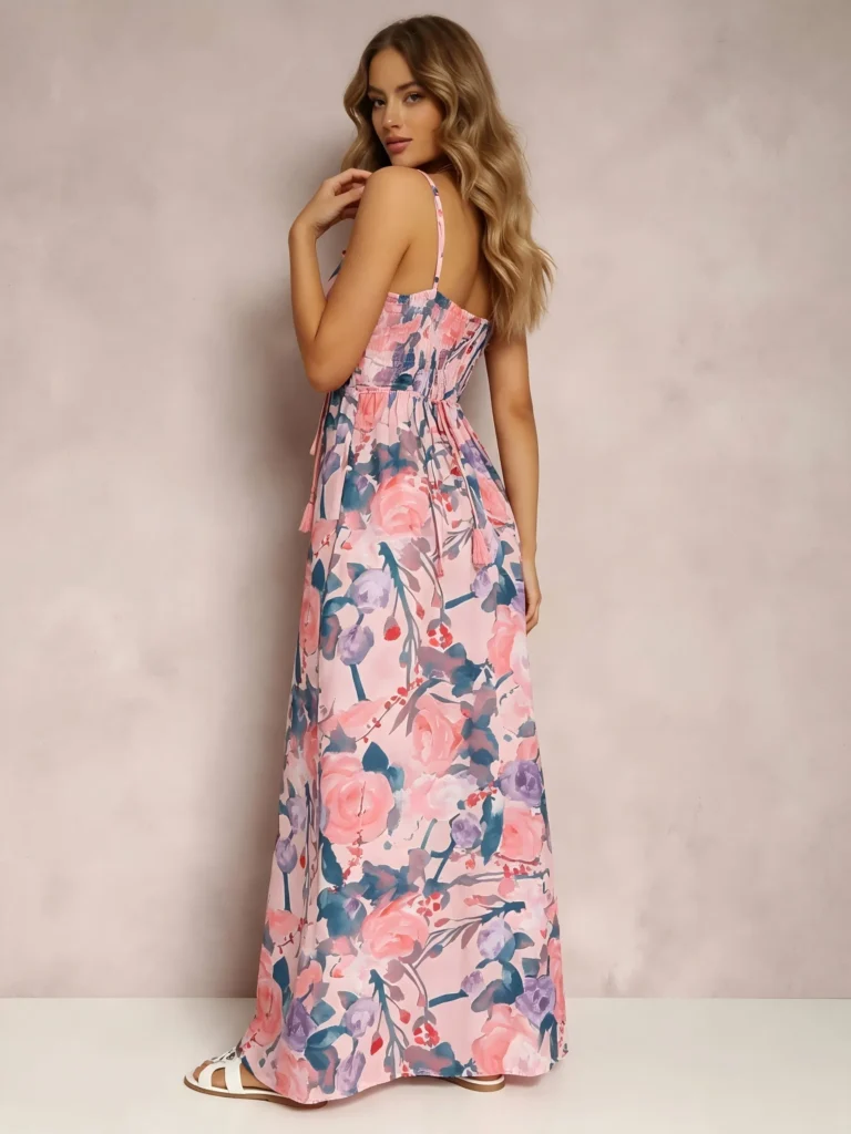Women Watercolor Floral Print Maxi Dress V Neck Spaghetti Strap Tassel Tie Waist Smocked Back Summer Beach Holiday Casual Long Sundress 4